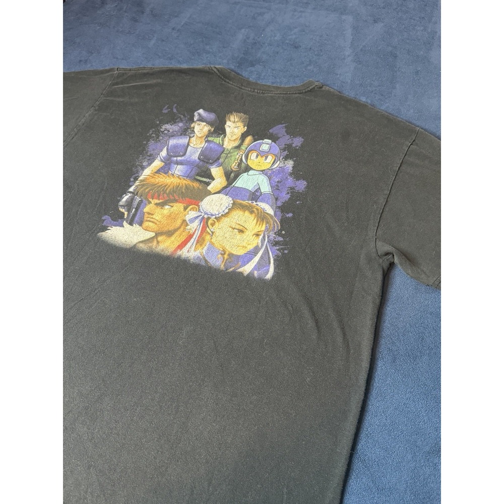 Vintage Capcom Video Game Promo T-Shirt Mens L Black Y2K Street Fighter Mega Man